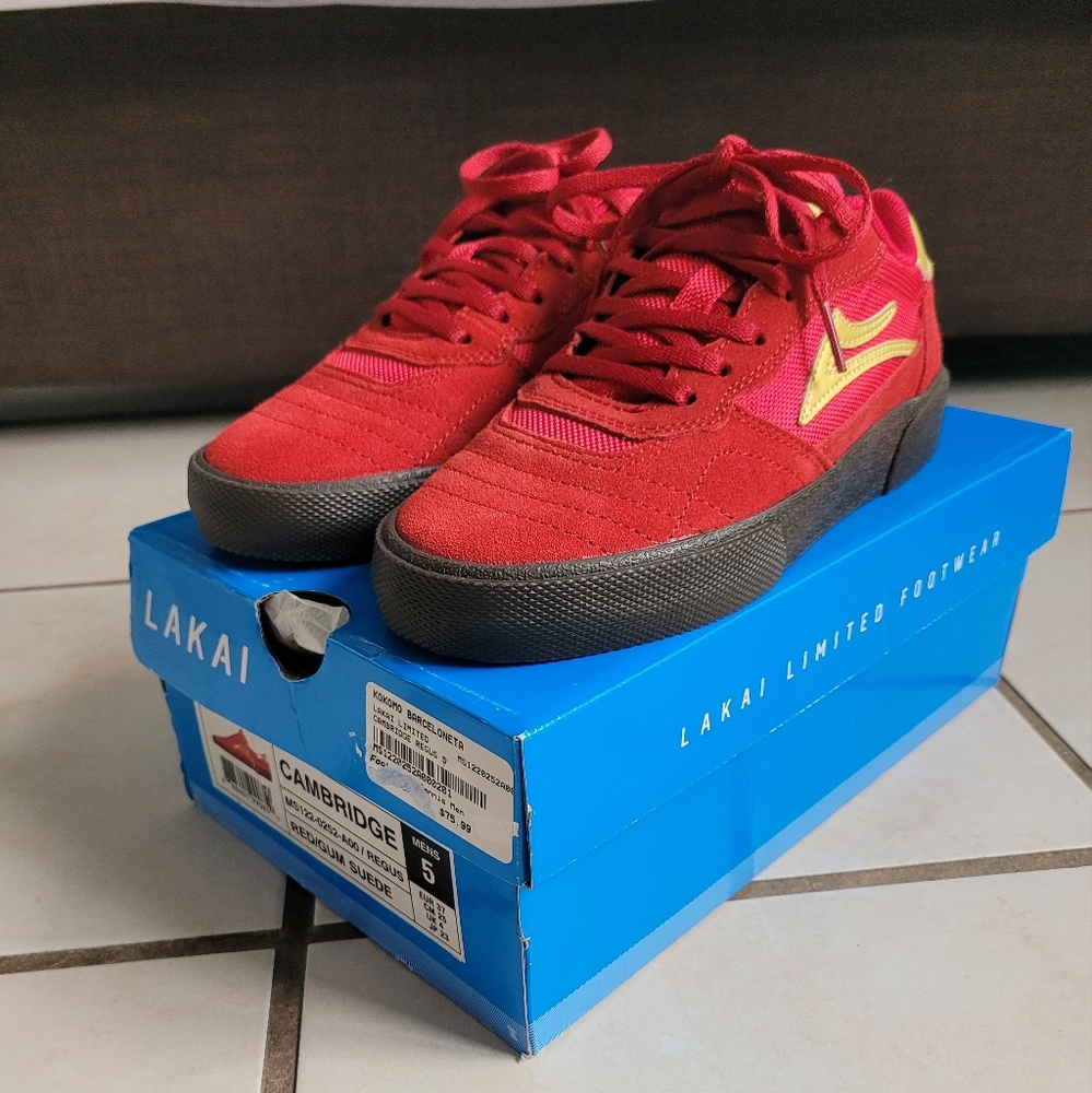 Lakai Cambridgr, red and gold sneakers. Size 5M, 6.5 W